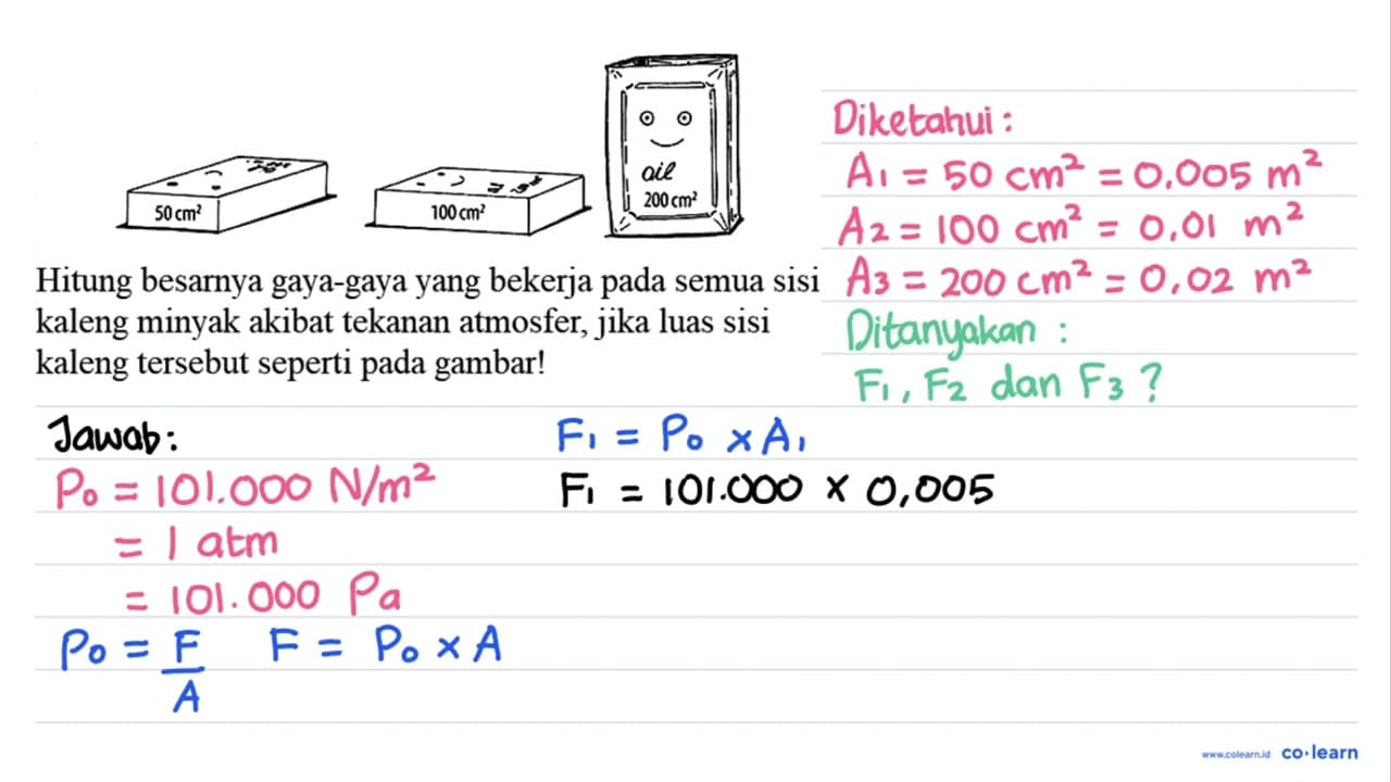 50 cm^2 100 cm^2 200 cm^2 Hitung besarnya gaya-gaya yang