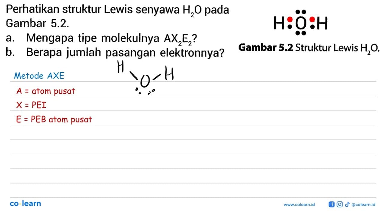 Perhatikan struktur Lewis senyawa H2O pada Gambar 5.2. a.