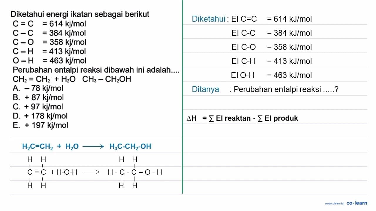 Diketahui energi ikatan sebagai berikut C=C=614 kj/mol