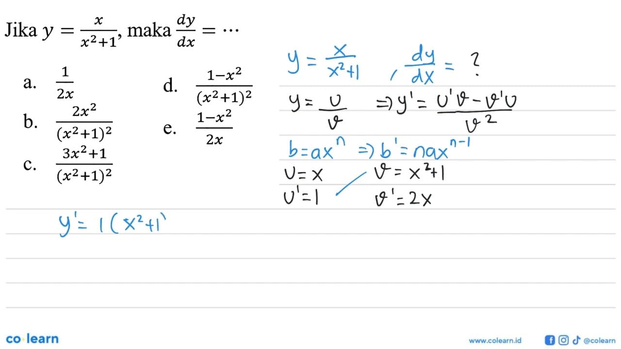 Jika y=x/(x^2+1), maka dy/dx=...