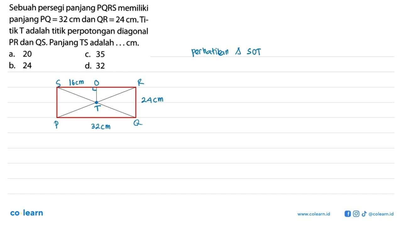 Sebuah persegi panjang PQRS memiliki panjang PQ=32 cm dan