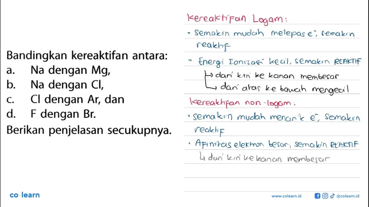 Bandingkan kereaktifan antara: a. Na dengan Mg, b. Na