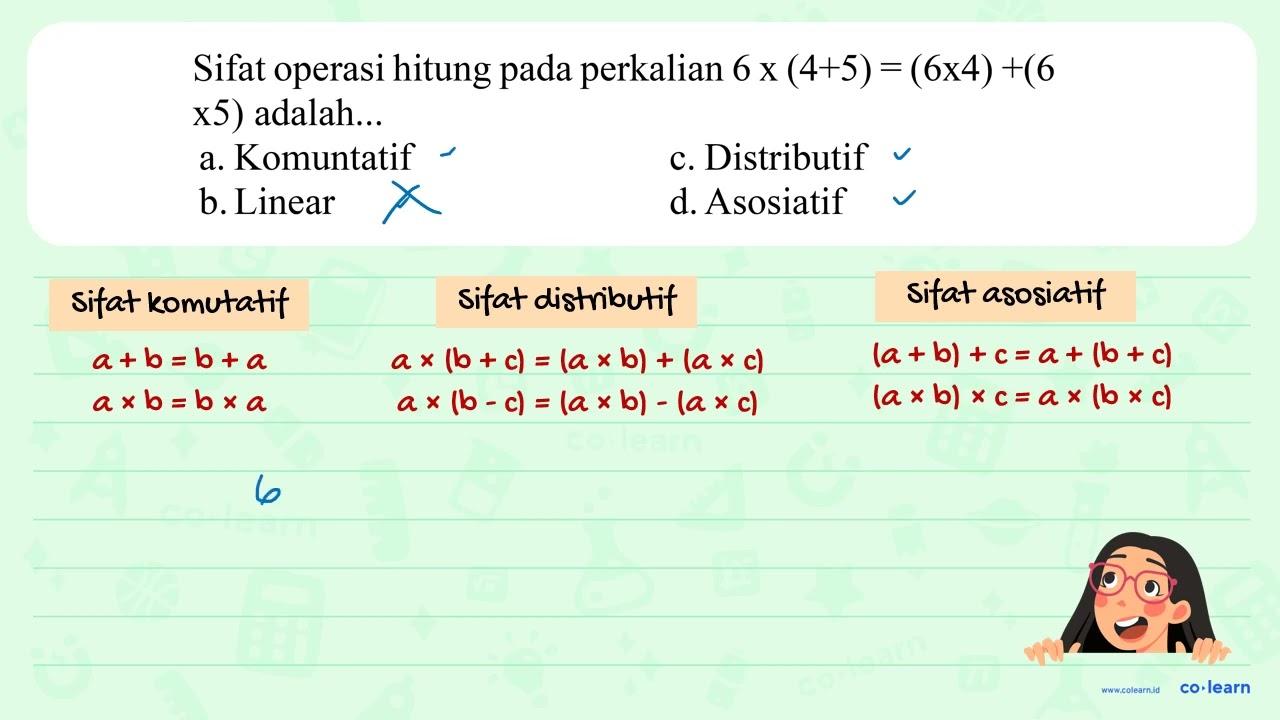 Sifat operasi hitung pada perkalian 6 x(4+5)=(6 x 4)+(6 x5)