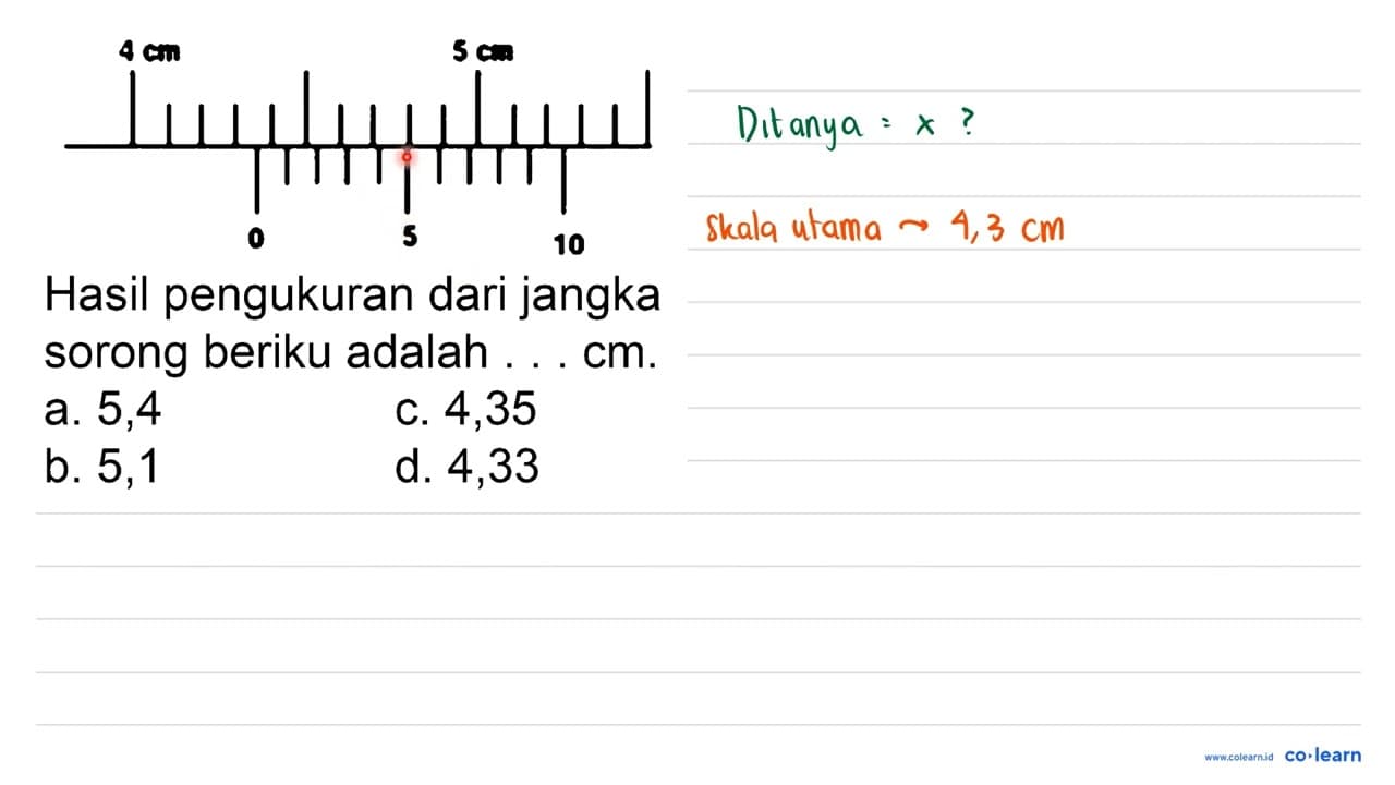 Hasil pengukuran dari jangka sorong beriku adalah ... cm.