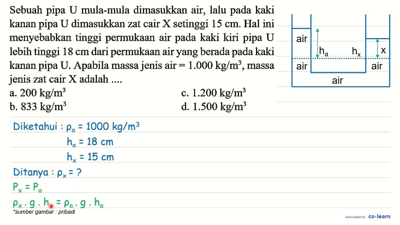 Sebuah pipa U mula-mula dimasukkan air, lalu pada kaki