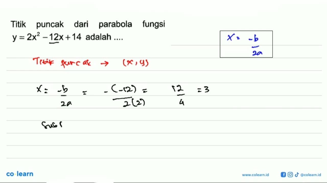 Titik puncak dari parabola fungsi y=2x^2-12x+14 adalah ....