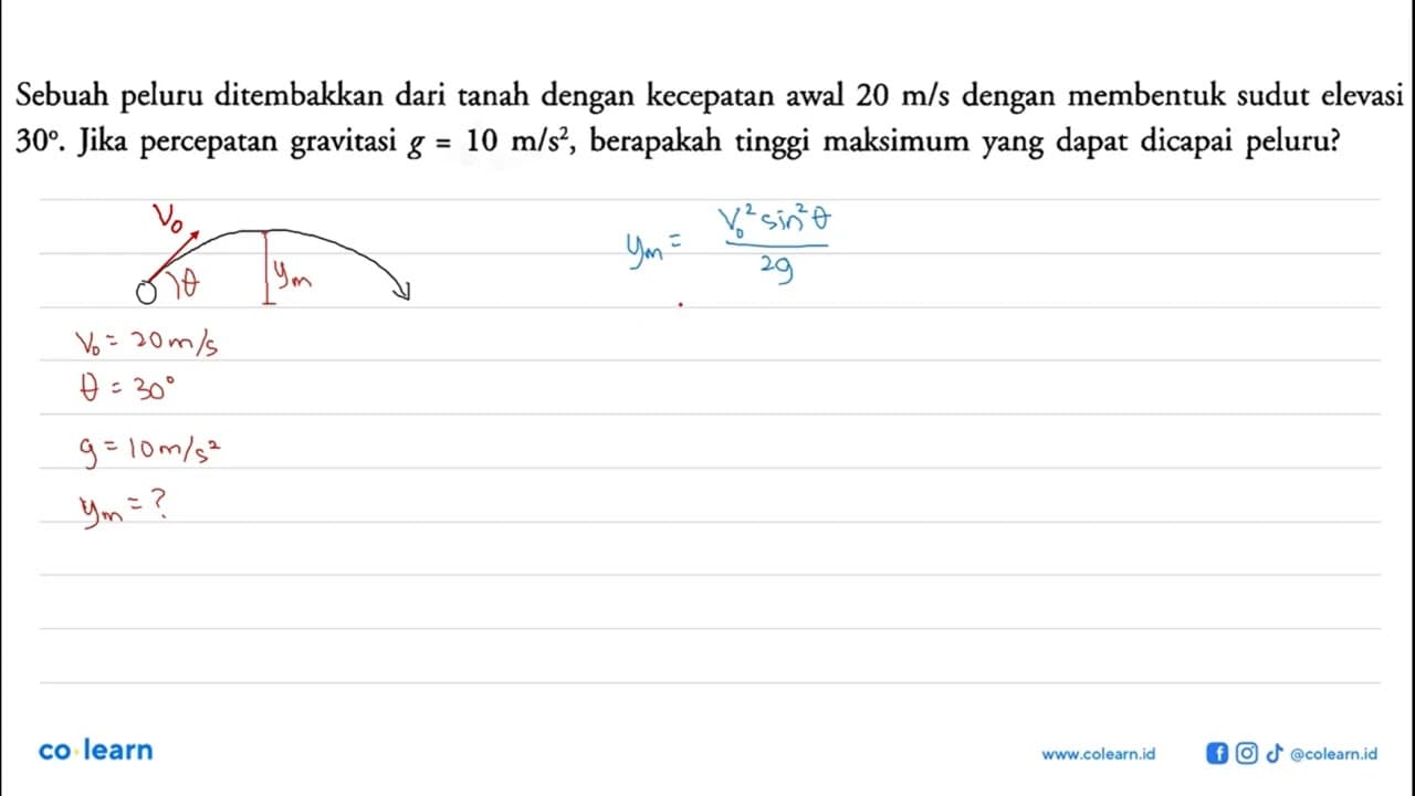 Sebuah peluru ditembakkan dari tanah dengan kecepatan awal