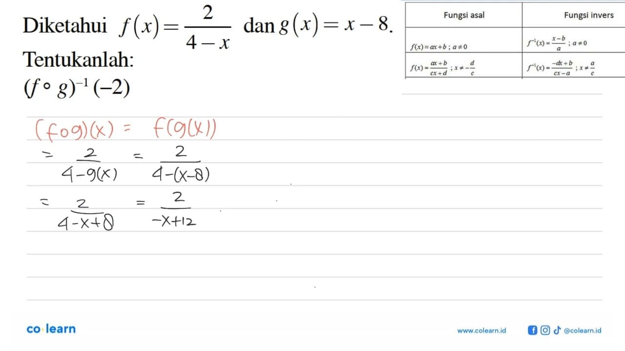 Diketahui f(x)=2/(4-x) dan g(x)=x-8 . Tentukanlah: (f o