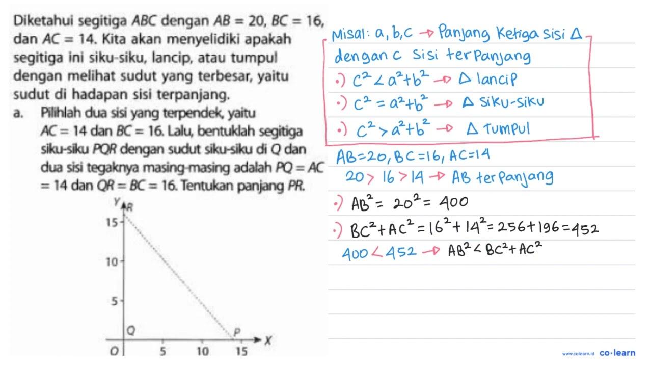 Diketahui segitiga ABC dengan AB = 20, BC = 16, dan AC =