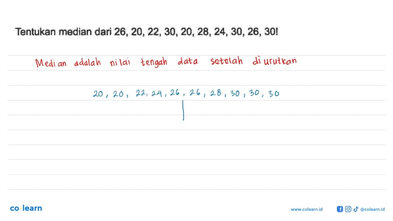 Tentukan median dari 26,20,22,30,20,28,24,30,26,30!