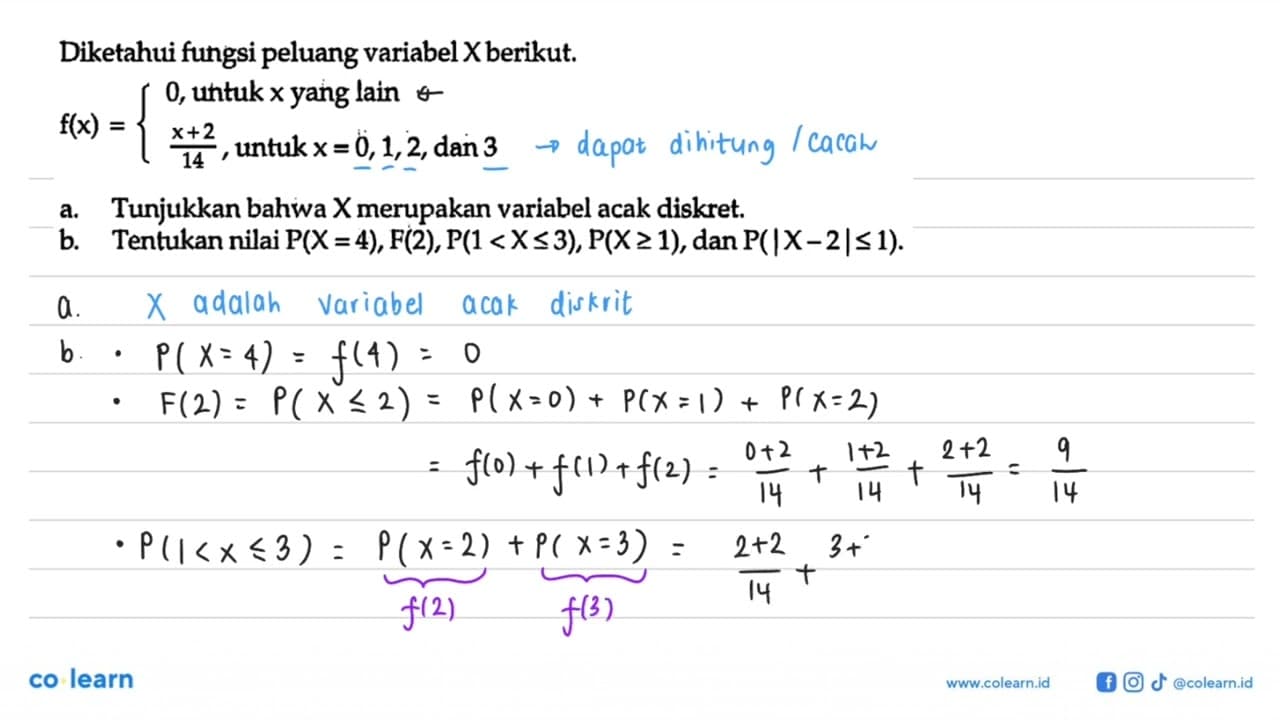 Diketahui fungsi peluang variabel X berikut.f(x)=/l0, untuk