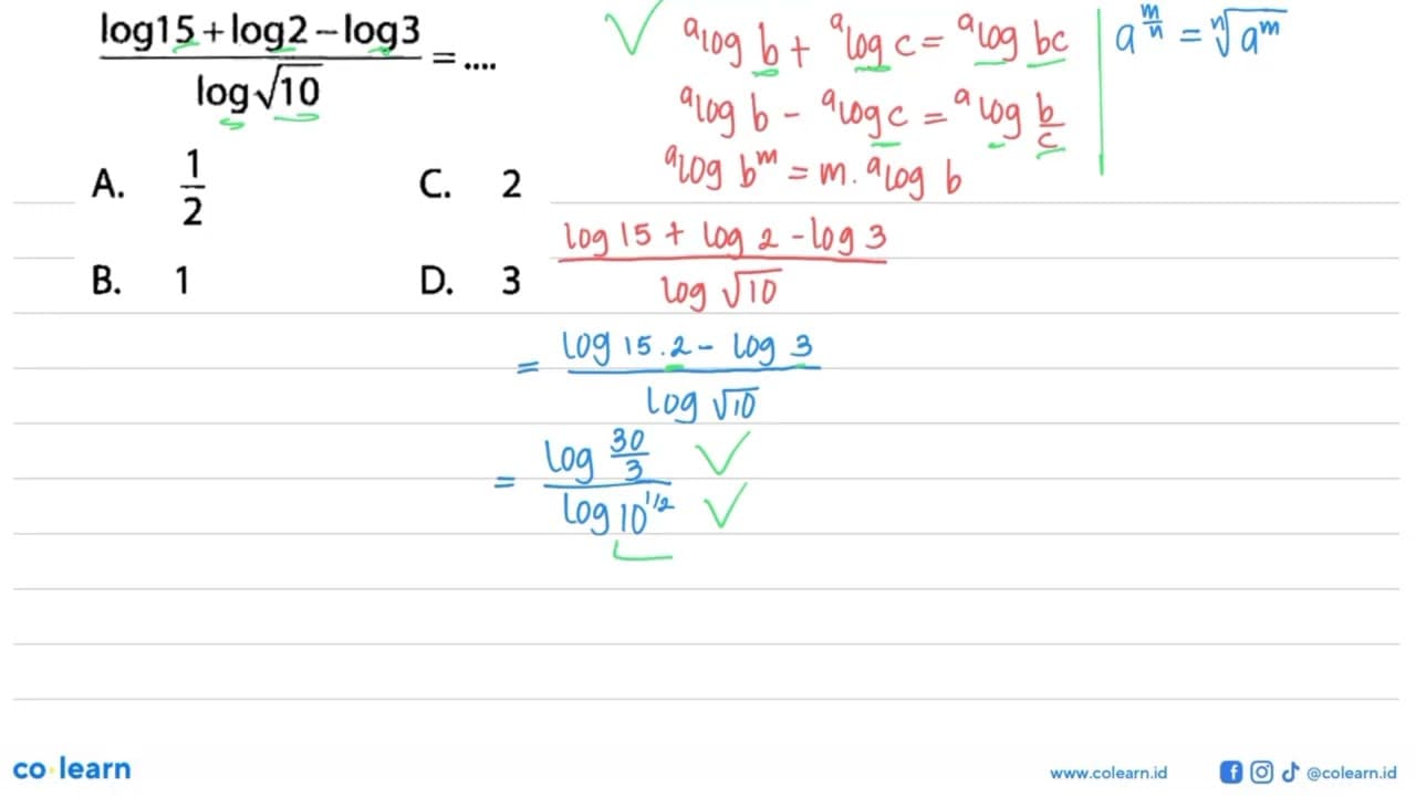 (log15+log2 log3)/(log(10^(1/2)))= ....