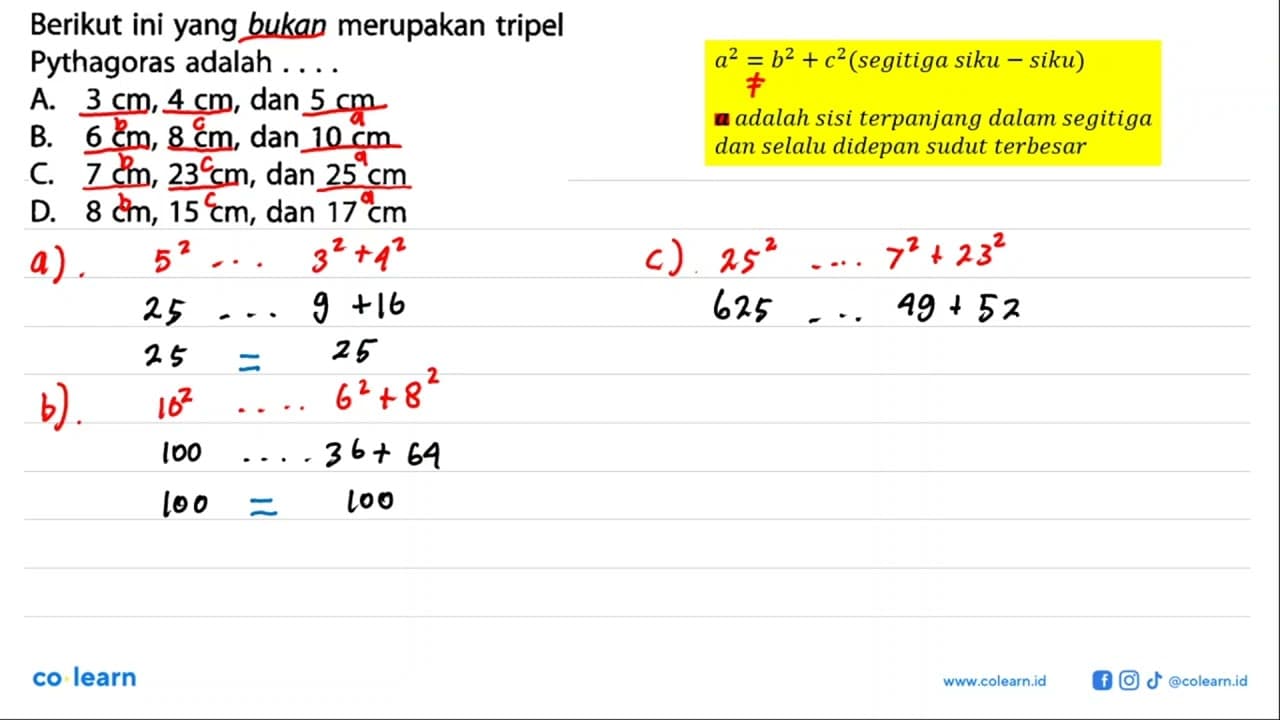 Berikut ini yang bukan merupakan tripel Pythagoras adalah