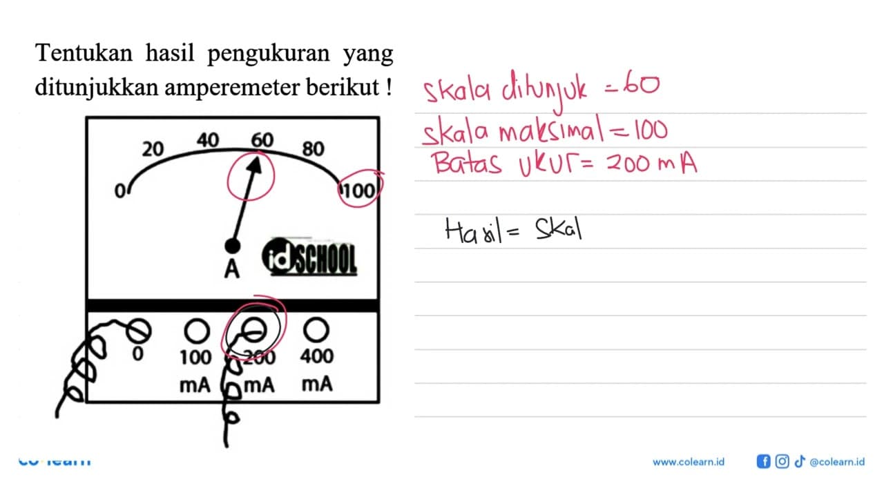 Tentukan hasil pengukuran yang ditunjukkan amperemeter