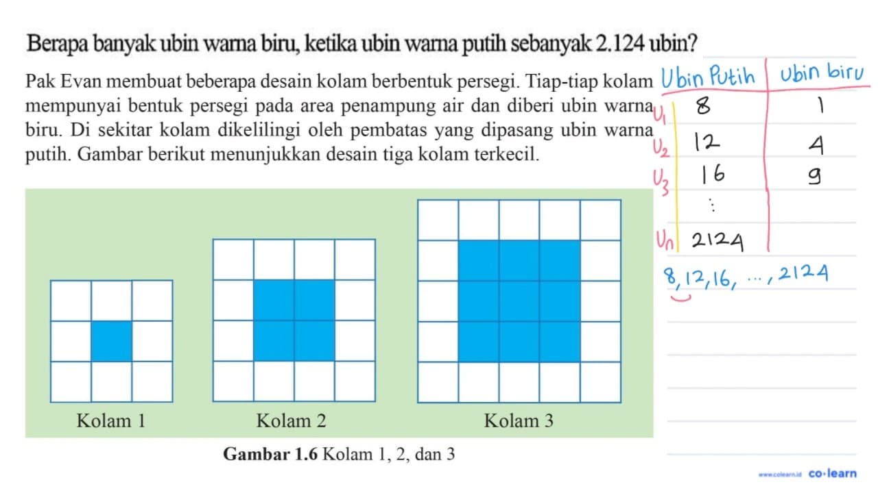 Berapa banyak ubin warna biru, ketika ubin warna putih