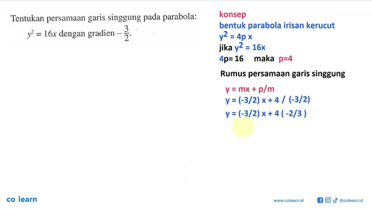 Tentukan persamaan singgung garis pada parabola: y^2=16x