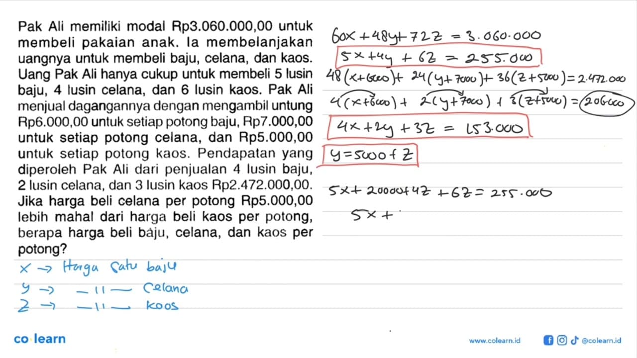 Pak Ali memiliki modal Rp3.060.000,00 untuk membeli pakaian