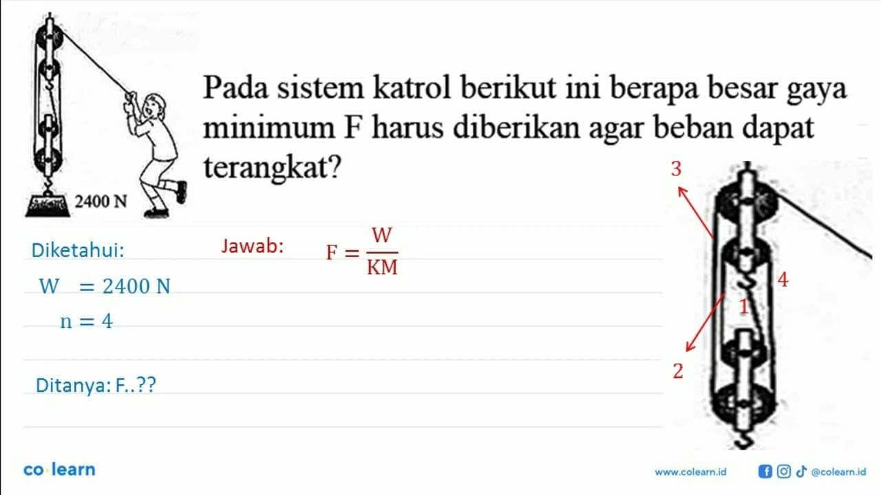 Pada sistem katrol berikut ini berapa besar gaya minimum F