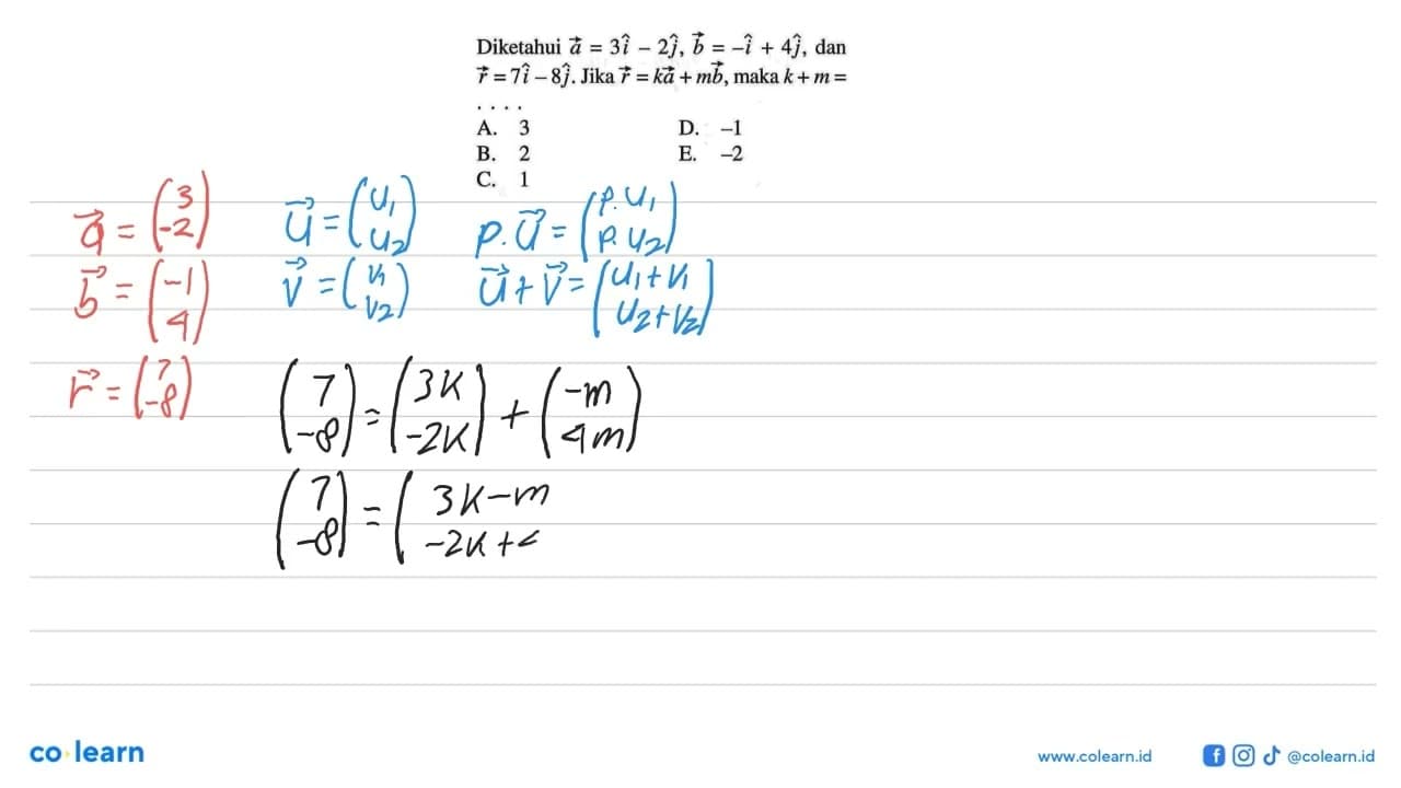 Diketahui vektor a=3i-2j, vektor b=-i+4j, dan r=7i-8j. Jika