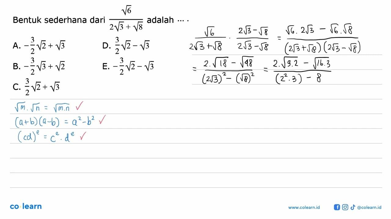 Bentuk sederhana dari akar(6)/(2+akar(3)+akar(8)) adalah