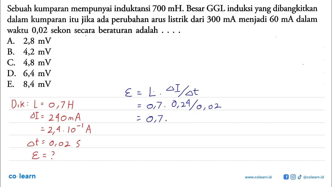 Sebuah kumparan mempunyai induktansi 700 mH . Besar GGL