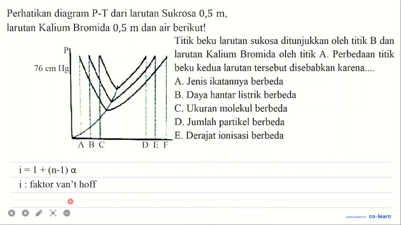 Perhatikan diagram P- T dari larutan Sukrosa 0,5 m, larutan