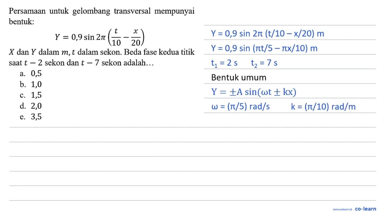 Persamaan untuk gelombang transversal mempunyai bentuk: Y =