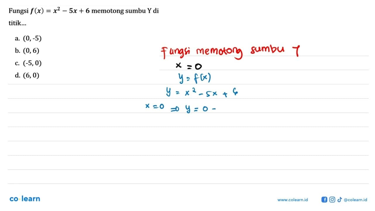 Fungsi f(x) = x^2 - 5x + 6 memotong sumbu Y di 5 titik...