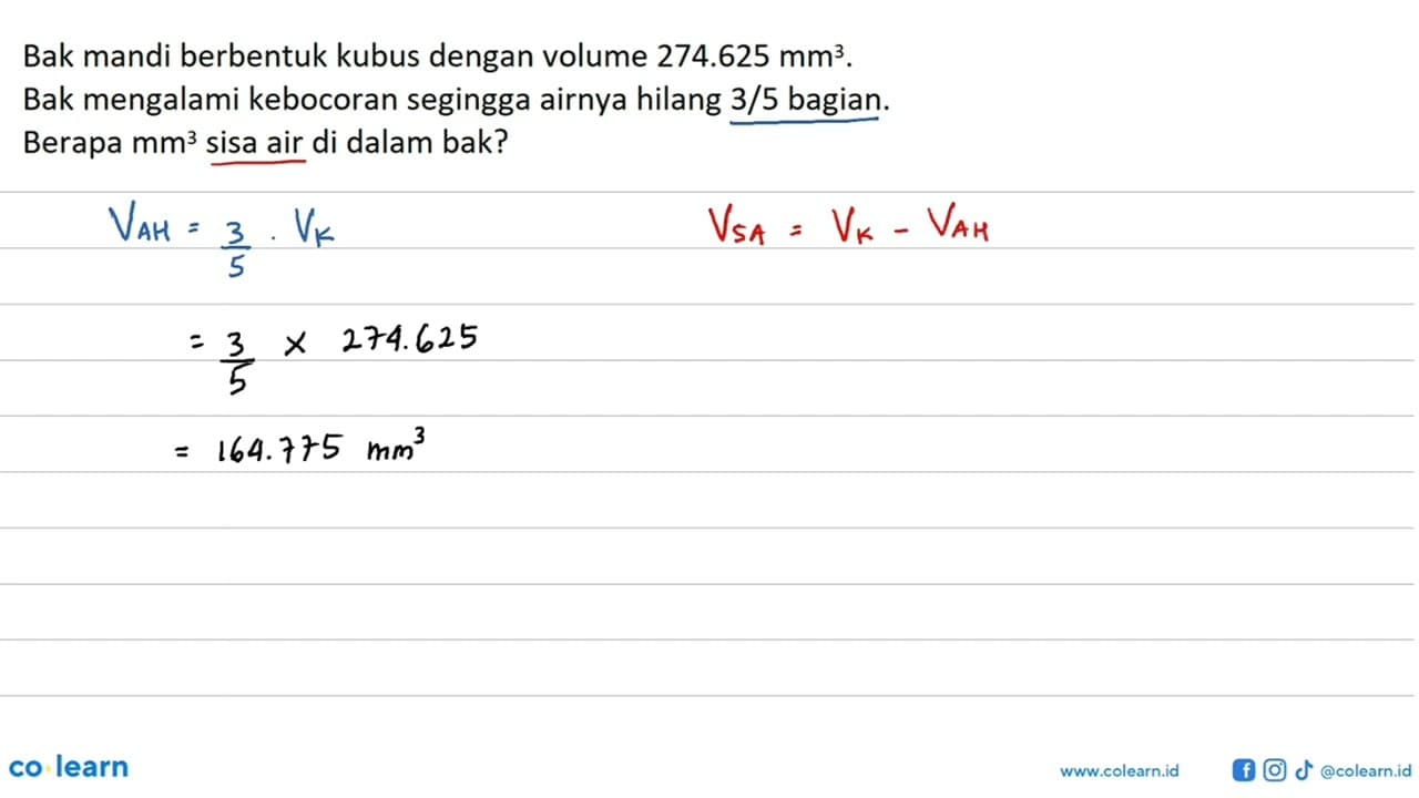 Bak mandi berbentuk kubus dengan volume 274.625 mm^3. Bak