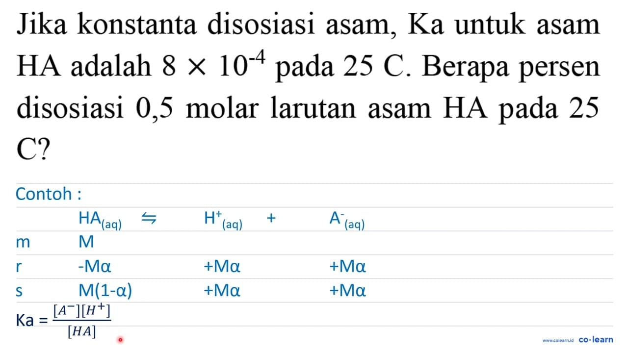 Jika konstanta disosiasi asam, Ka untuk asam HA adalah 8 x