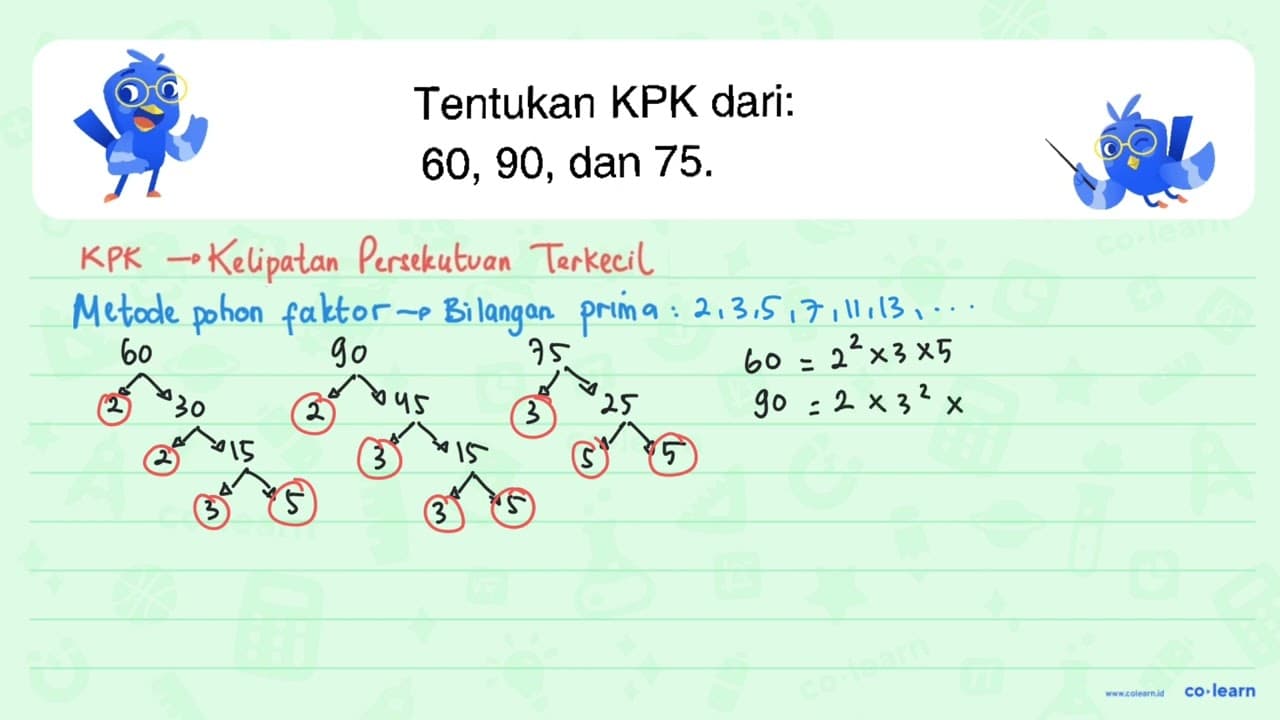 Tentukan KPK dari: 60, 90, dan 75.