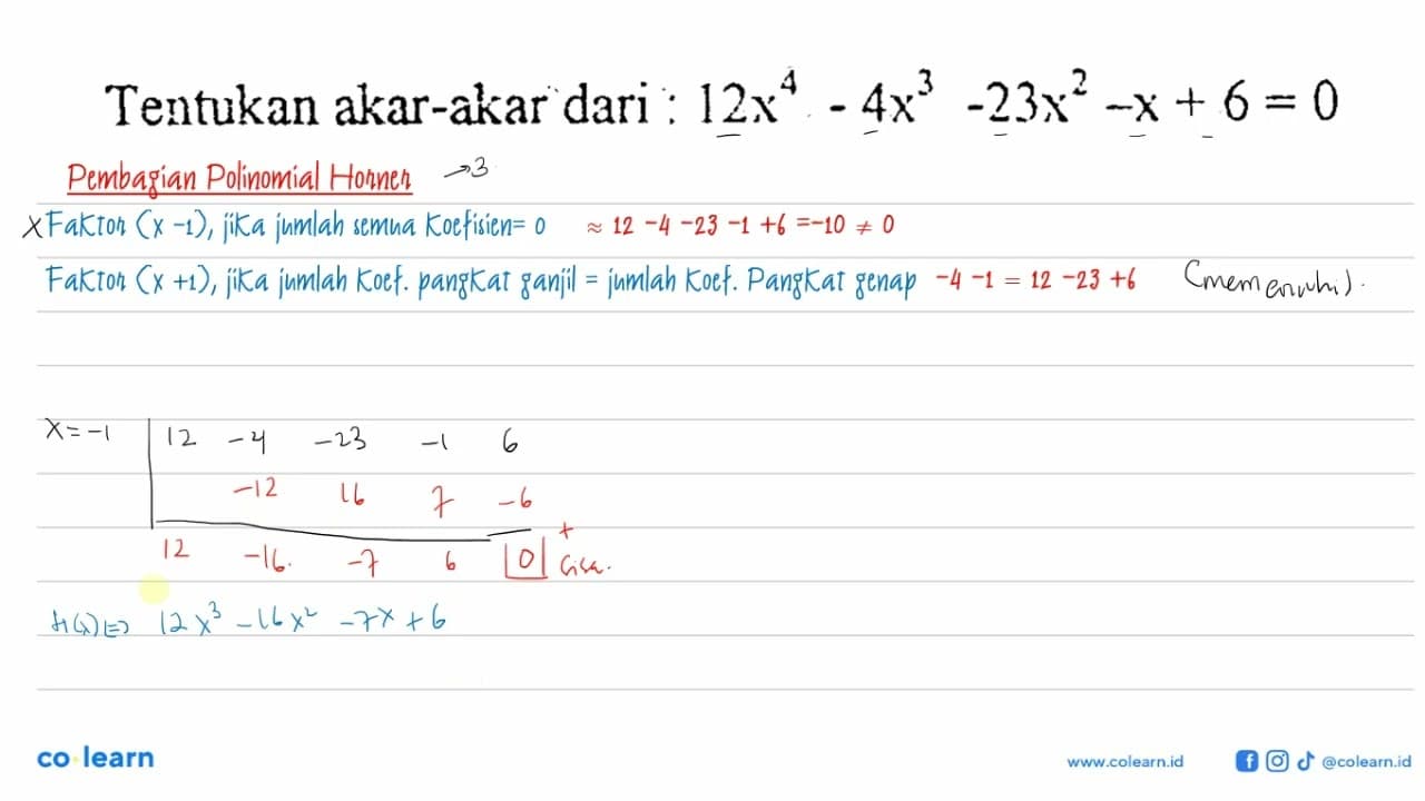 Tentukan akar-akar dari: 12x^4-4x^3 -23x^2 -x + 6 = 0