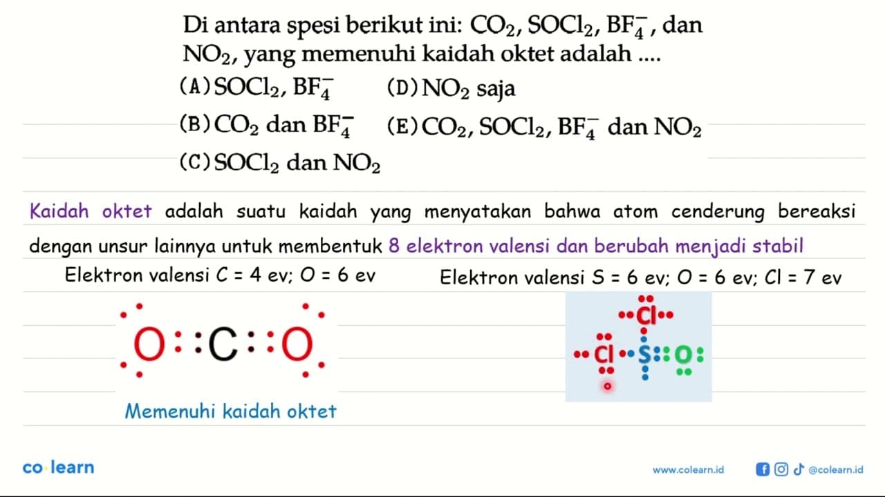 Di antara spesi berikut ini: CO2, SOCl2, BF4^- , dan NO2,