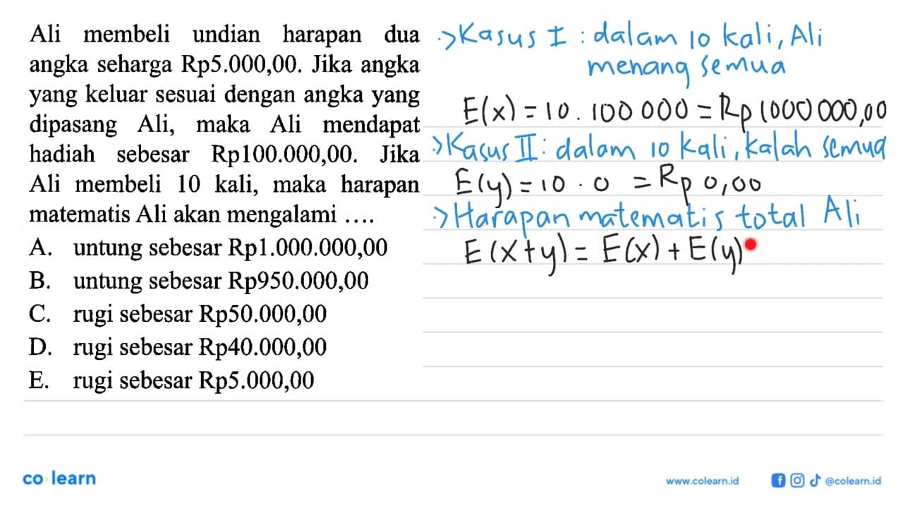 Ali membeli undian harapan dua angka seharga Rp5.000,00.