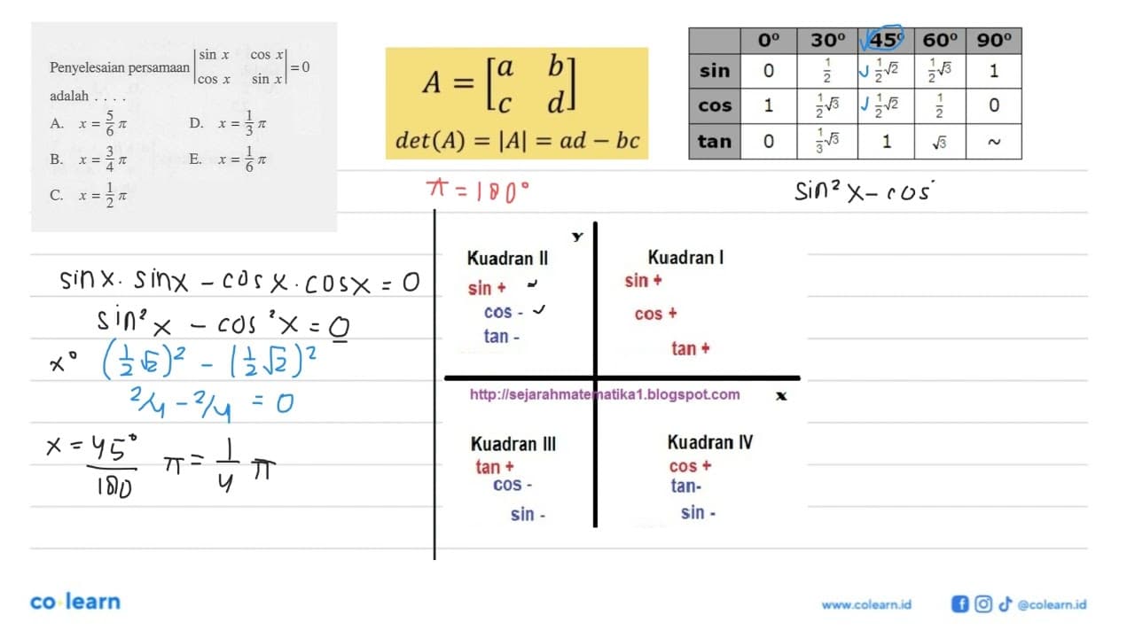 Penyelesaian persamaan |(sin x) (cos x) (cos x) (sin x)|=0