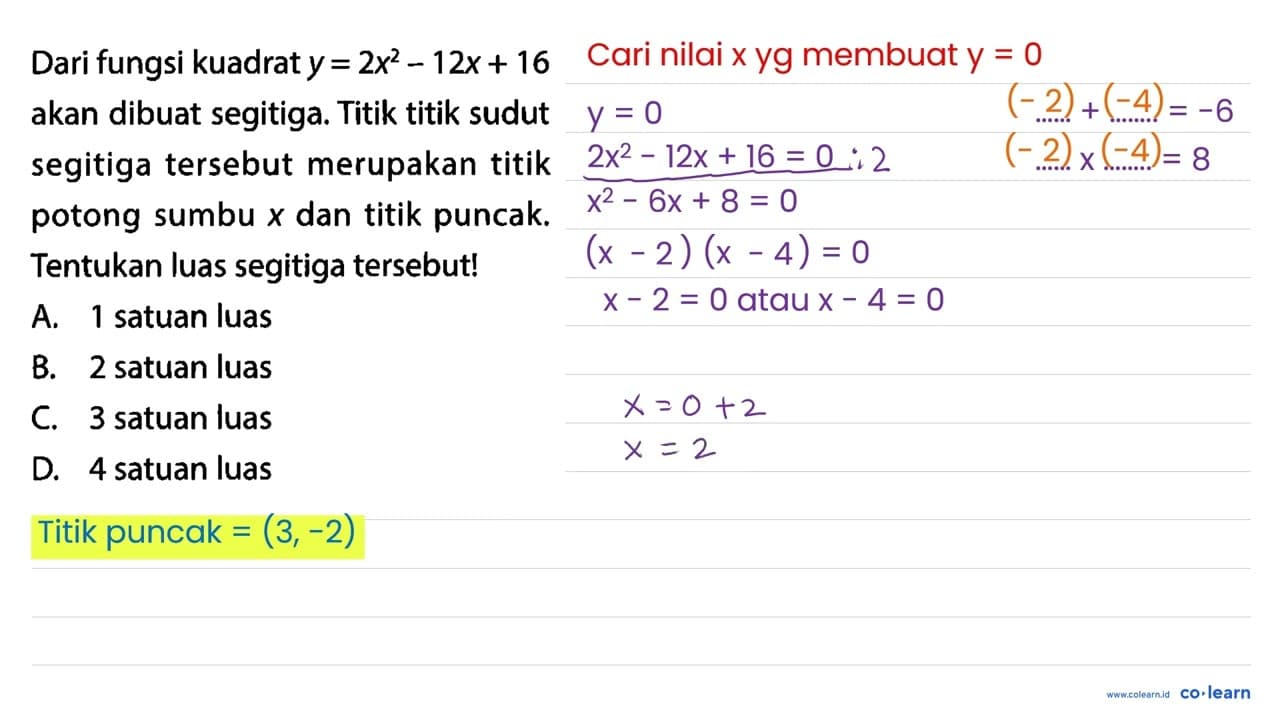 Dari fungsi kuadrat y=2 x^(2)-12 x+16 akan dibuat segitiga.