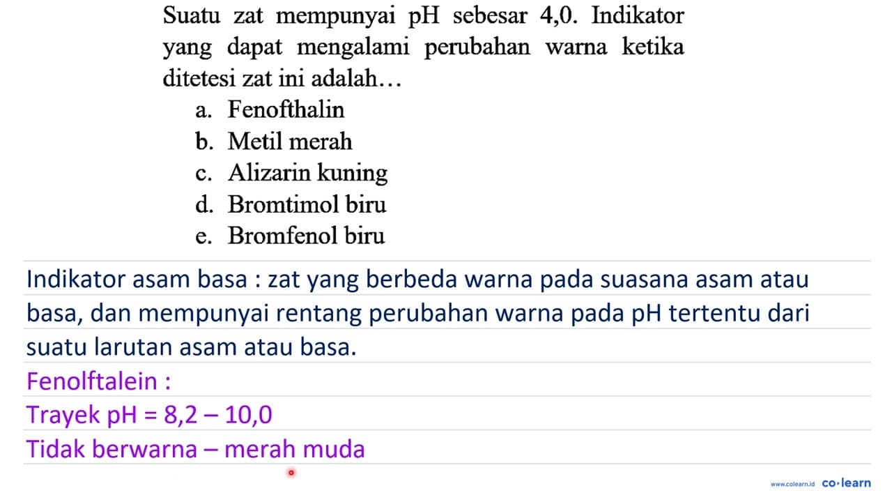 Suatu zat mempunyai pH sebesar 4,0. Indikator yang dapat