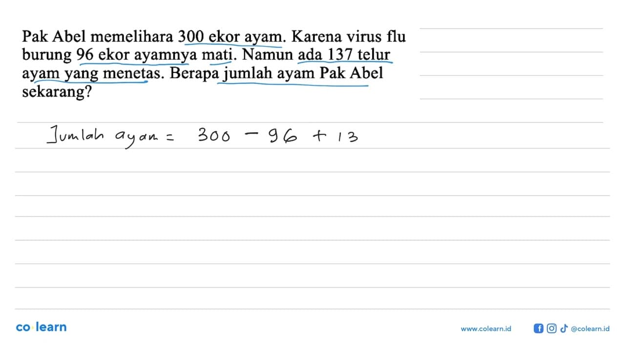 Pak Abel memelihara 300 ekor ayam. Karena virus flu burung