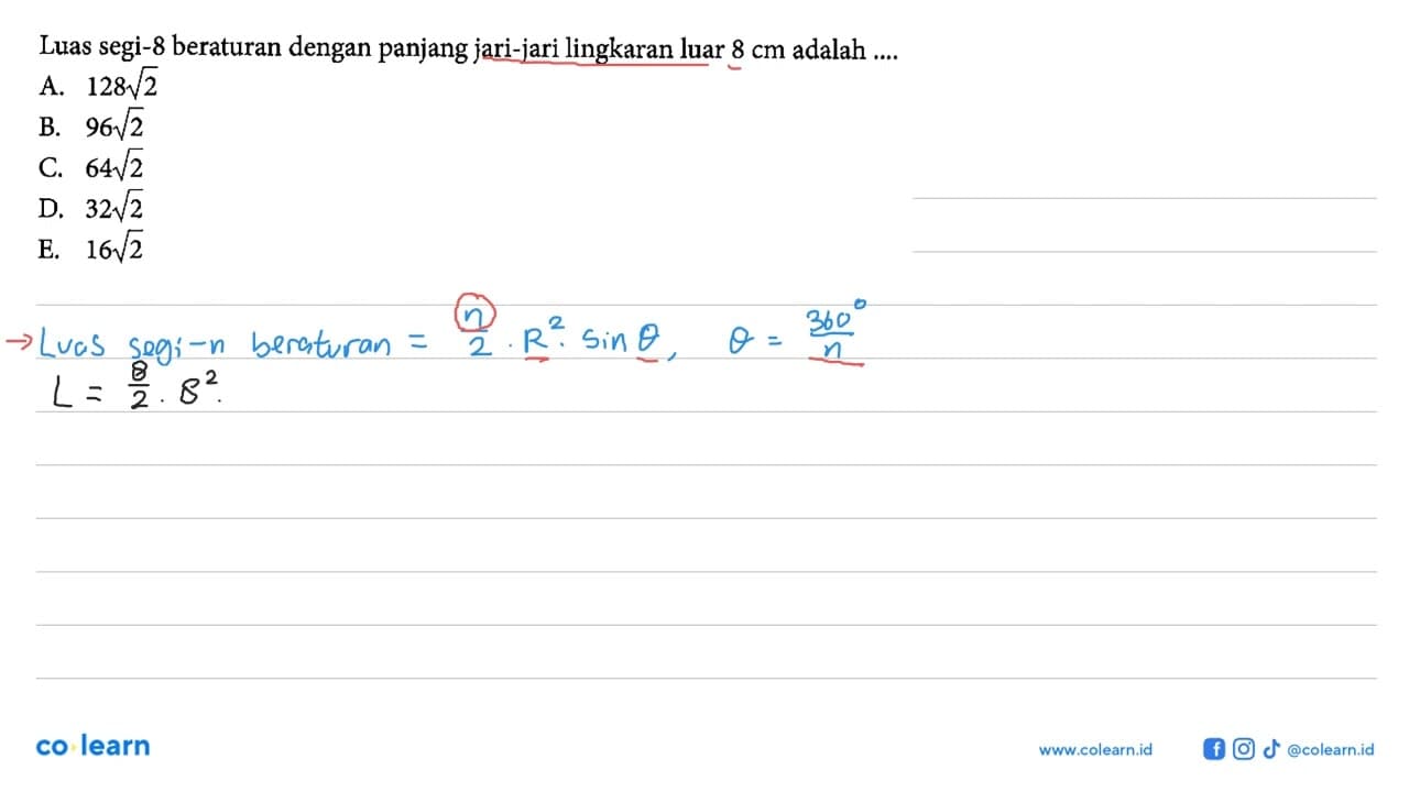 Luas segi-8 beraturan dengan panjang jari-jari lingkaran