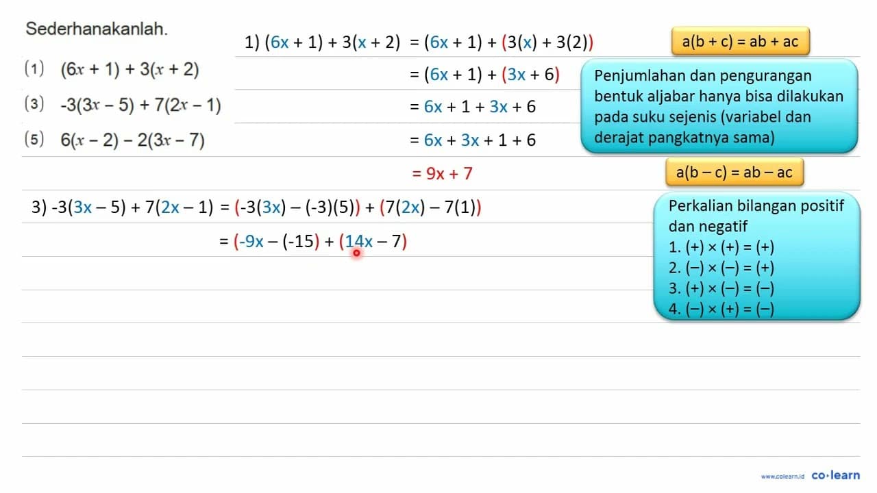 Sederhanakanlah. (1) (6 x+1)+3(x+2) (3) -3(3 x-5)+7(2 x-1)