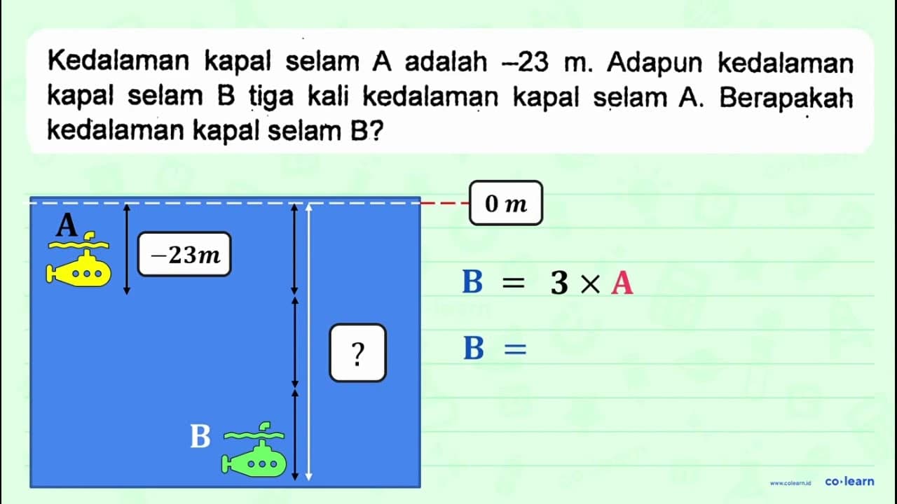 Kedalaman kapal selam A adalah -23 m. Adapun kedalaman