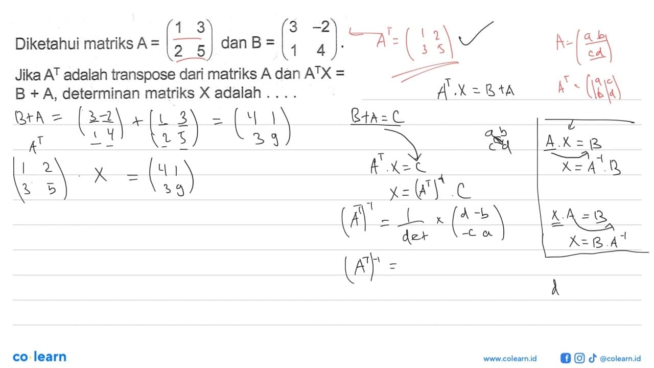 Diketahui matriks A=(1 3 2 5) dan B=(3 -2 1 4). Jika A^T