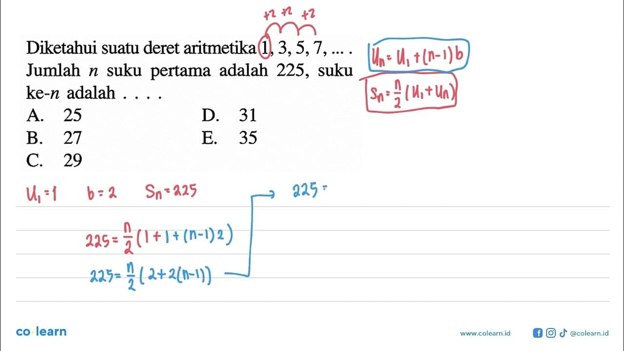 Diketahui suatu deret aritmetika 1,3,5,7, .... Jumlah n