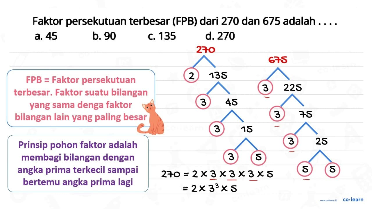 Faktor persekutuan terbesar (FPB) dari 270 dan 675 adalah .