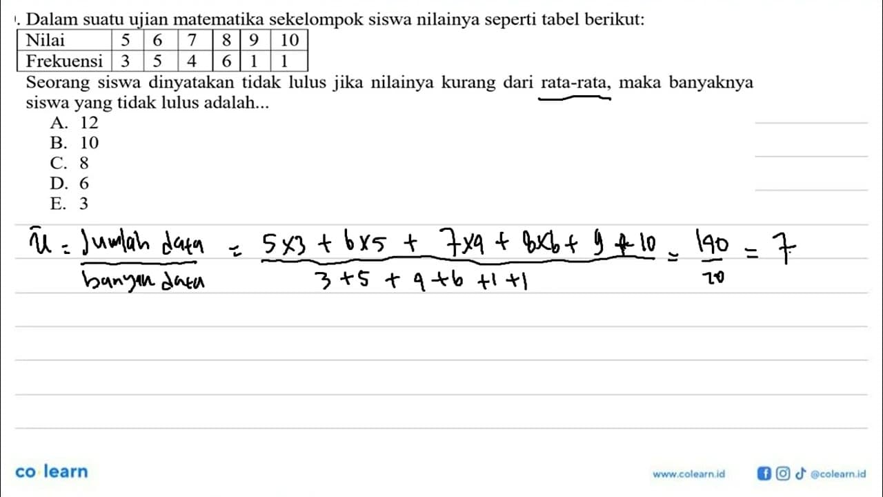 Dalam sutau ujian matematika sekelompok siswa nilainya