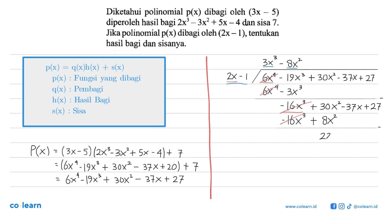 Diketahui polinomial p(x) dibagi oleh (3x-5) diperoleh