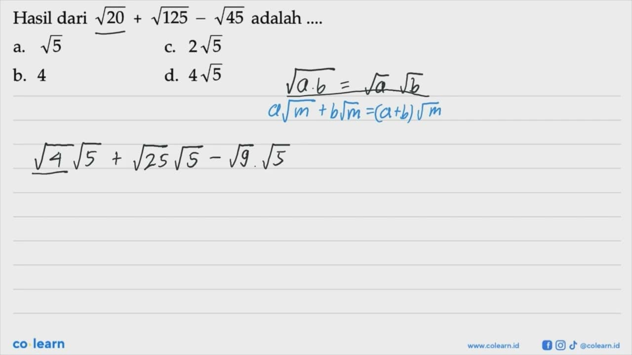 Hasil dari akar(2)+akar(125)-akar(45) adalah ...