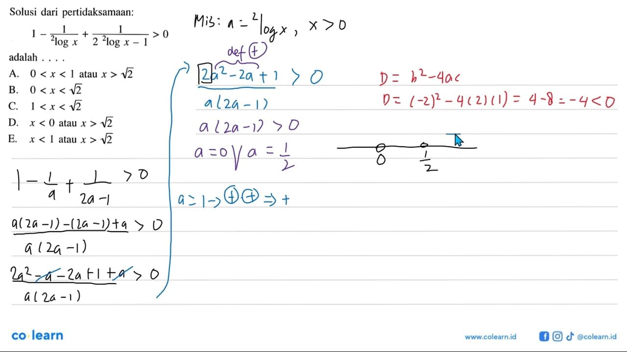 Solusi dari pertidaksamaan: 1-1/(2logx)+1/(2 2logx-1)>0