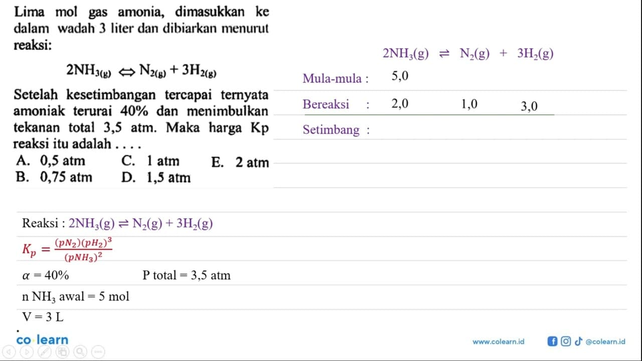 Lima mol gas amonia, dimasukkan ke dalam wadah 3 liter dan