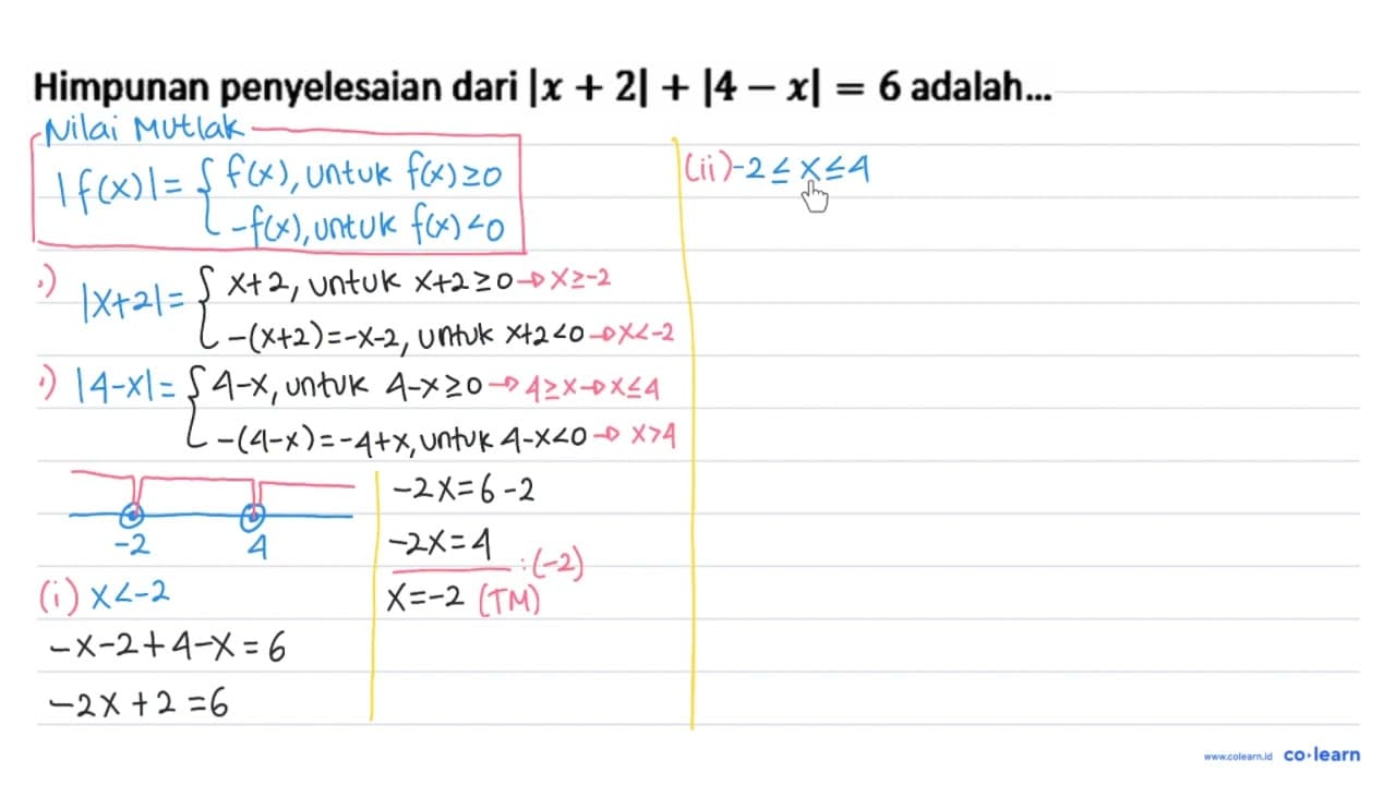 Himpunan penyelesaian dari |x+2|+|4-x|=6 adalah...